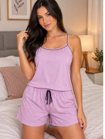 Conjunto de pijama lindo confortável de malha estiloso feminino algodão