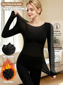 Women's Seamless Ultra-Thin Warm Long Sleeve Crew Neck Base Layer Top, Lightweight Autumn/Winter Layering Shirt - Black - View 2