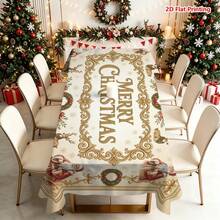 1pc Vintage Christmas Themed Tablecloth, Featuring Santa Claus, Reindeer, Wreath, Red Ribbon, Snowflake And Gold Scrollwork Border, With "Merry Christmas" Text In The Center, Suitable For Dining Table Decor, Kitchen Countertop Decoration, Picnic Camping Mat, Party Scene Creation, Farmhouse Style Accent And Holiday Tabletop Beautification. - Multicolor - View 14