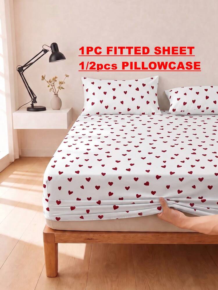 Set Sprei Fitted Motif Hati Warna Putih Merah 2/3 pcs Tanpa Isian, Set Sprei untuk Kamar Tidur, Serat Mikro Halus, Bernapas, Nyaman 1 pcs Sprei Fitted + 1/2 pcs Sarung Bantal, Perlengkapan Tidur Sekolah/Asrama - Red and White - View 2