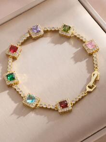 1pc Men's Hip-Hop Colorful Square Zirconia Bracelet, Personalized Shiny Tennis Bracelet, Suitable For Men's Autumn Date, Holiday, Daily Commute Jewelry - Colorful Bracelet - View 7