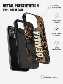 1pc Modern Personalized Leopard Print Text Name Pattern Customization, Personalized Signature Short Phrase Customization, Anniversary Gift, Valentine's Day Gift, Birthday Gift, Wedding Gift, Mother's Day Gift, Father's Day Gift, Best Friend Gift, Gift For Mom/Dad, Gift For Boyfriend, Gift For Girlfriend, 2-In-1 Glossy Film Hard Shell Phone Case Protective Cover, Compatible With Iphone 11/12/13/14/15/16/17 Pro Max - Multicolor - View 5