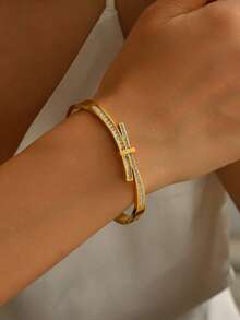 1pc/3pcs Stainless Steel Gold Bracelet Set, 6cm Diameter Small Size Vacuum Plated Zirconia Bracelet Stacking Set, Fade-Resistant, Suitable For Women's Daily Wear - Multicolor - View 12
