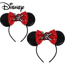 1pc Disney Minnie Ear Headband, Black Sequin Material With Red Bow Decor, Skull And Crossbones Pattern On Top. Designed For Pirate Adventure Theme Park, Perfect For Women To Express Pirate Style And Adventurous Spirit - Multicolor - View 2