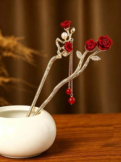 1pc Red Rose Tassel Hair Stick, Elegant Hair Accessory Tool, Suitable For New Chinese Style, Hanfu, Party, Date And Daily Commute