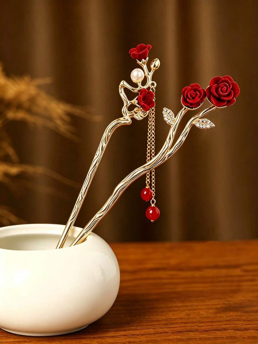 1pc Red Rose Tassel Hair Stick, Elegant Hair Accessory Tool, Suitable For New Chinese Style, Hanfu, Party, Date And Daily Commute - Multicolor - View 1