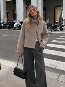 Vintage Stand Collar Short Wool Blend Jacket, Long Sleeve With Side Pockets - Light Grey - View 3