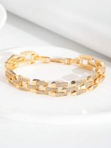 1pc Luxury Elegant Sparkling Cubic Zirconia Small Round Design Bracelet Suitable For Women Wedding Banquet Wear, Gift Box Not Included - Yellow Gold - View 2