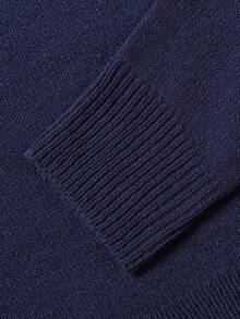 minisummer Atasan Rajut Lengan Panjang Off-Shoulder Elegan untuk Wanita di Musim Gugur, Sweater Pendek Bahu Longgar Warna Biru Tua dengan Pinggang Bergaris - Navy Blue - View 4