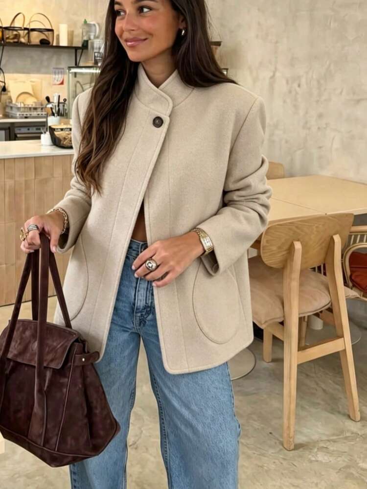 Fashionable Women's Versatile Pocket Button Long Sleeve Overcoat, Autumn/Winter Outfit, Suitable For Dating, Commuting, Daily Wear - Brown - View 1