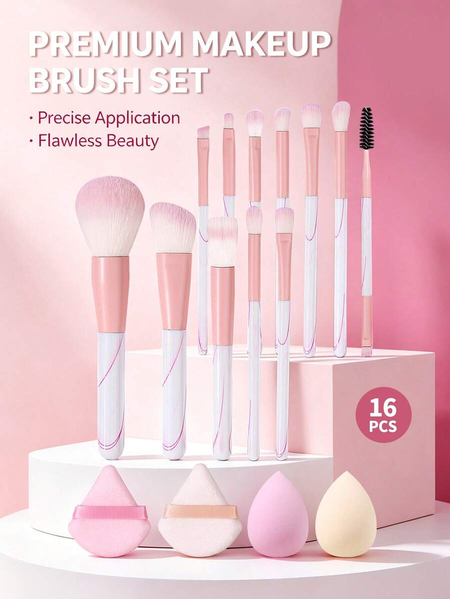 16 Pcs Professional Makeup Brush Set, Foundation Brush, Blush Brush, Eyeshadow Brush, Eyebrow Brush, Contour Brush, Powder Brush, Complete Makeup Tools Kit, Travel Essential Pink