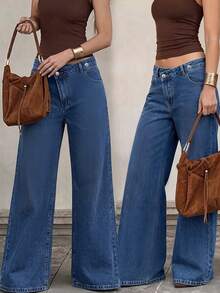 Asymmetrical Waistband Denim Jeans For Women, New Mid-Waist Design With Diagonal Buttons, Straight Leg Long Pants - Dark Wash - View 1