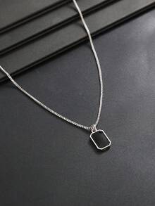 1pc Fashionable Minimalist Black Geometric Pendant Necklace, Box Chain Necklace, Casual Style Accessory, Ideal Gift For Men, Unisex - Silver - View 2