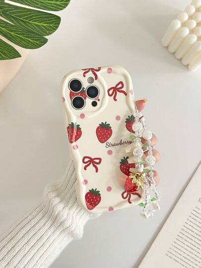 Strawberry Painted Cream Wave Edge Beige Phone Case With Attached Bracelet, Fashion Minimalist Thick Anti-Drop Protective Cover Compatible With IPhone 18 Pro, 18 Pro Max, 17, 17 Pro, 15 Pro Max, 16, 16 Pro, 16 Pro Max, 16 Plus, 15 XR, 7, 8, 15 Pro Max, 12 Pro Max, 13 Pro Max, 14 Pro Max, 13, 14, 11, 12 Pro, 14, Phone Case Protective Cover