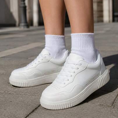 Women's White Thick Sole Sneakers, Lace-Up Low-Top Skateboard Shoes, PU Leather Casual Thick Sole White Shoes For Daily Wear