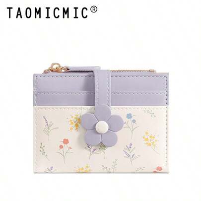 Women's Small Foldable Wallet, Cute Floral PU Material Wristlet, Portable Card Holder, 3D Flower Decor, Multi-Card Slots, ID Window, Coin Purse