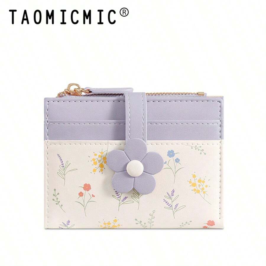 Women's Small Foldable Wallet, Cute Floral PU Material Wristlet, Portable Card Holder, 3D Flower Decor, Multi-Card Slots, ID Window, Coin Purse