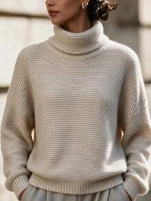 Women's Oatmeal Chunky Knit Cowl Turtleneck Drop Shoulder Oversized Pullover Sweater, Casual Lazy Cozy Fall Winter Daily Wear - Apricot - View 4