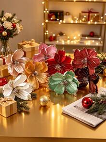 1Pc Glitter Velvet Artificial Christmas Poinsettia Flowers,Beaded Fabric Floral Picks,Decorative Flower Stems For Christmas Tree,Table Centerpiece - Multicolor - View 8