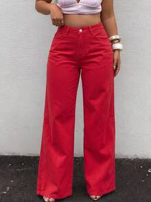 Plus Size Bright Red High Waist Wide Leg Denim Jeans, Casual Loose Fit Denim Pants For Autumn/Winter - Red - View 4