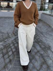 Sweater Rajut Wanita Ukuran Besar Warna Cokelat Vintage, Leher V Lengan Panjang, Sempurna untuk Musim Gugur/Musim Dingin - Coklat - View 2