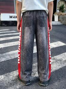 Lurzo Tween Boys' Retro Washed Knitted Loose Casual Pants, With Fake Pockets Printed With Contrasting Letters On The Side, In Spring/Autumn/Winter Street Style - Dark Grey - View 4