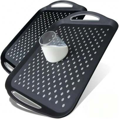 Juego de 2 bandejas grandes antideslizantes con asas. Bandejas de servir de silicona antideslizantes, adecuadas para desayuno, cena, aperitivos, frutas, aperitivos y bebidas. Diseño rectangular. Disponible en negro, blanco y gris. Apto para lavavajillas