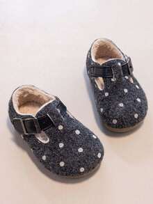 Autumn/Winter Girls' Plush Polka Dot Slip-On Shoes, Girls' Hook And Loop Warm Fuzzy Shoes - Grey - View 1