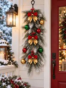 1 Set Of Artificial Pine Hanging Decorations (10-Piece Set): Features Red, Gold, And Green Decorative Baubles And Bows; Includes Faux Cedar Needle Foliage Adorned With Ornaments And Red Bows-Suitable For Decorating Home Porches And Entryways. - Multicolor - View 5