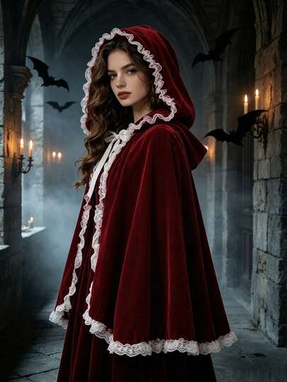 3pcs Halloween Women's Shawl, Little Red Riding Hood Lace Patchwork Hooded Cape, Carnival Christmas Party, Holiday Performance Prop