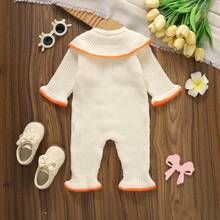 Infant Knitted Romper, Baby Girl Handmade Embroidered Floral Collar Romper, Bow Long Sleeve Ruffle Cuff Crawl Suit - Beige - View 9