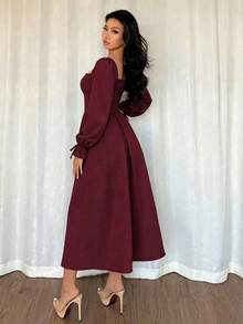 Elegant Women's Square Neck A-Line Midi Dress With Long Pleated Ruffle Sleeves, Suitable For Autumn Formal Occasions - Burgundy - View 2