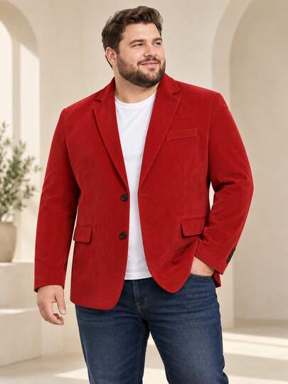 Men's Plus Size Corduroy Blazer, Single-Breasted Solid Long Sleeve Sport Coat, Business Casual Suit Jacket For Office, Party & Formal Events