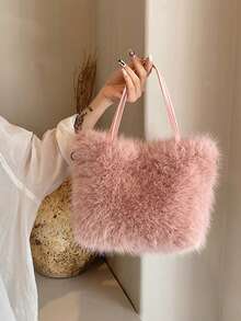 Faux Fur Tote Bag Women's Bucket Plush Luxury Design Ladies Handbags Soft Winter Crossbody Shoulder Bags - Pink - View 2