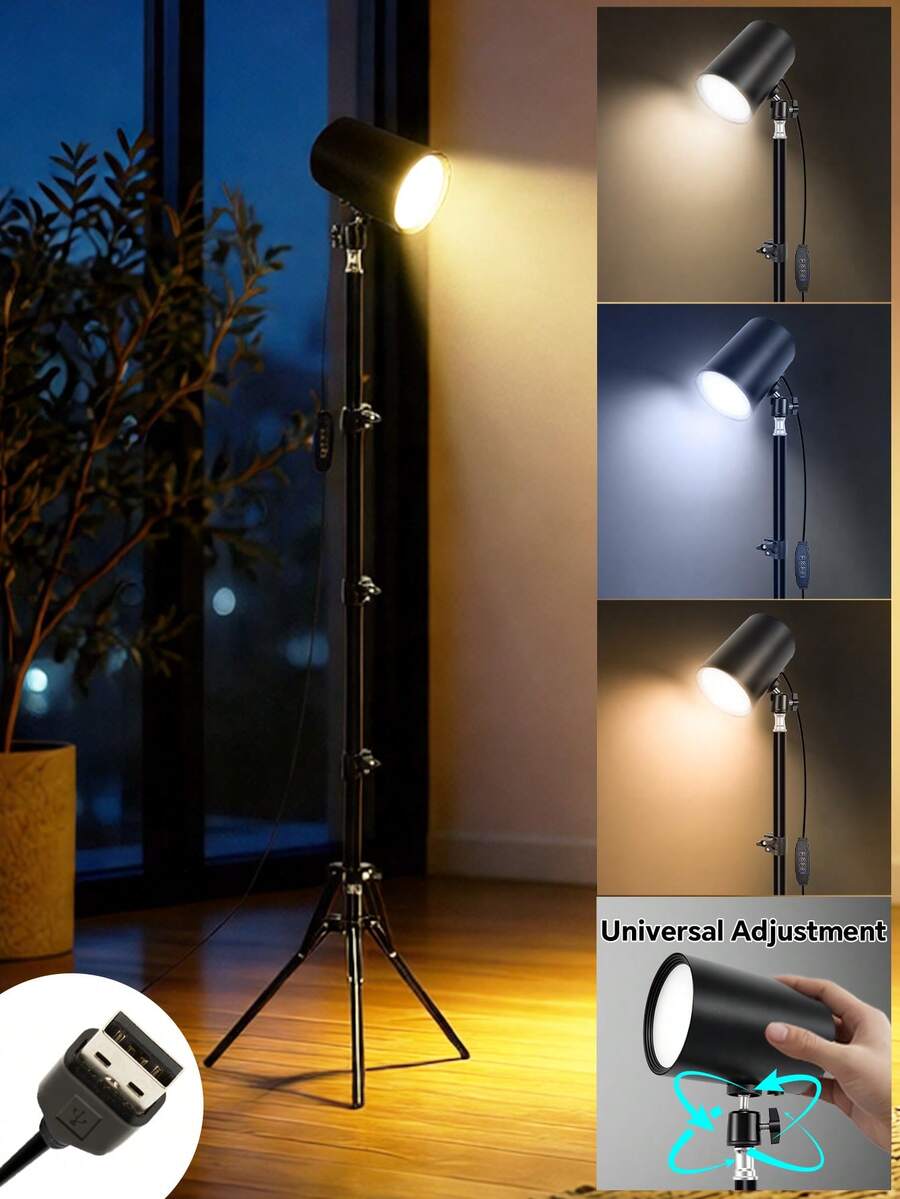 LED Reading Floor Lamp, 61" Standing Lamp - Adjustable Color Temperature & Dimmable Brightness Modern Floor Lamps, USB-Powered Floor Lights With Auto Timer & Adjustable Height Tripod Stand, Work Light For Home, Office, Living Room And Bedroom - Black - View 1