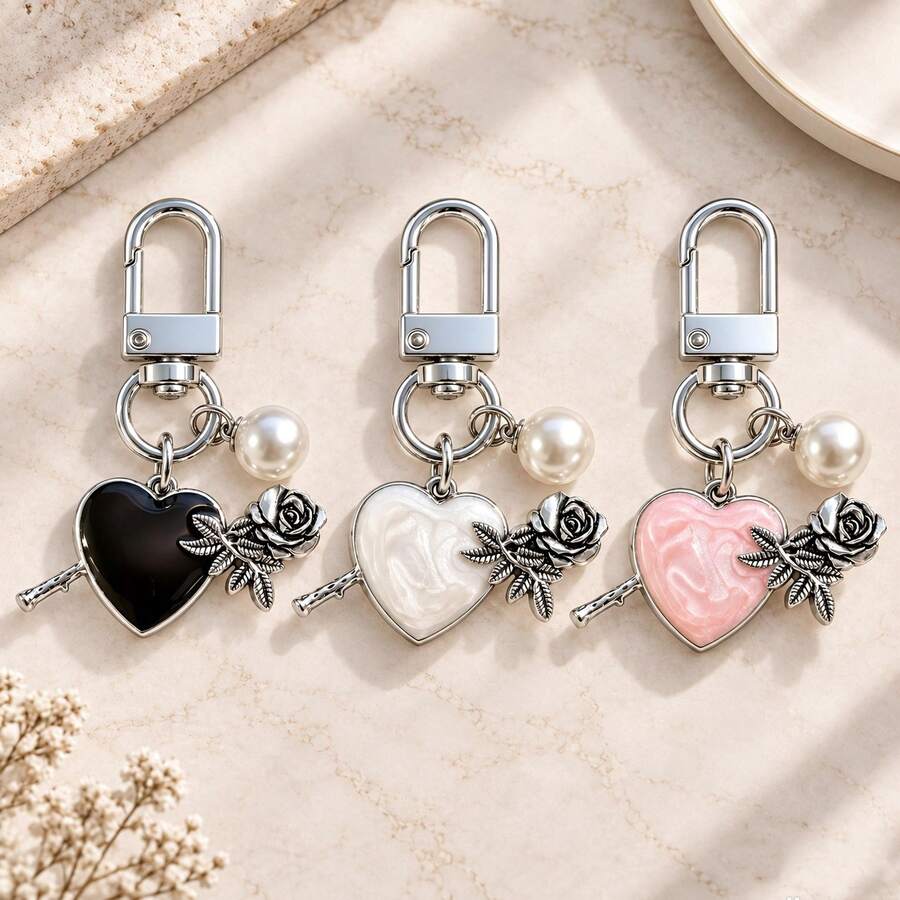 1pc/3pcs Women's Drip Oil Alloy Heart Peach Rose Pendant Faux Pearl Keychain, Gothic Style Halloween Gift Bag Charm Wallet Accessory - Multicolor - View 1