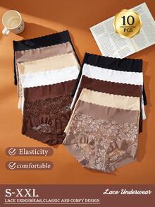 10pcs Women's High Waist Solid Color Basic Seamless Breathable Lace Patchwork Sexy Triangle Panties For Home And Sports - Multicolor - View 1
