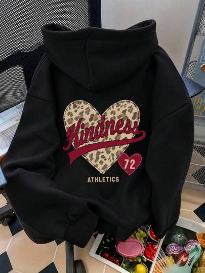 1pc Girls' American Retro Street Style Hooded Sweatshirt, Classic Leopard Print Heart Pattern With Kindness Letter Print, Loose Fit Casual Sports Long Sleeve Pullover, Versatile Fashion Top For Autumn/Winter, European And American Popular Daily Wear, Number 72