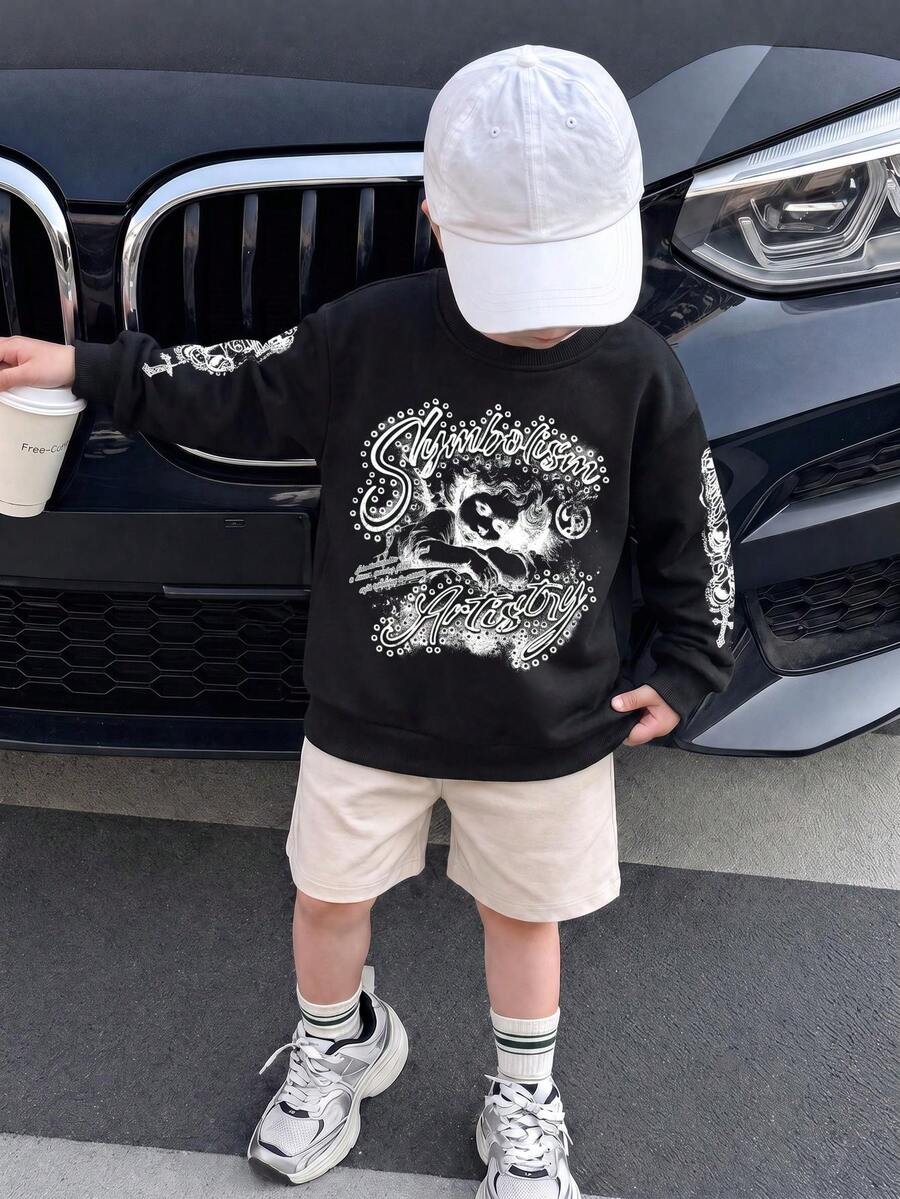 1pc Boys Cool Streetwear Brand Style Black Long Sleeve Sweatshirt ...