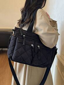 Large Capacity Tote Bag, 3D Quilted Diamond Pattern, Multi-Zipper Pocket Design, Relaxed Casual Style, Black Lightweight Crossbody Handbag, Suitable For Work Commute, Campus Study, Short Trips, Grocery Shopping, Minimalist Versatile Practical Shoulder Bag - Black - View 3