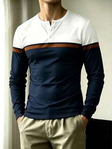 Men's Colorblock Patchwork Printed Business Henley Collar Long Sleeve T-Shirt Top - Multicolor - View 2