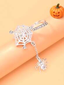 1pc Gold Gothic Spider Web Decor Ring With Spider Pendant & Rhinestones, Punk Halloween Women's Finger Accessory - Spider - View 3