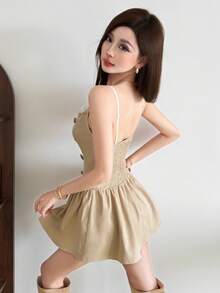 Top Dazzle Women's Chic Sleeveless Spaghetti Strap Short Dress With Ruffle Neck Trim A Perfect Blend Of Elegant And Sexy Style - Khaki - View 5