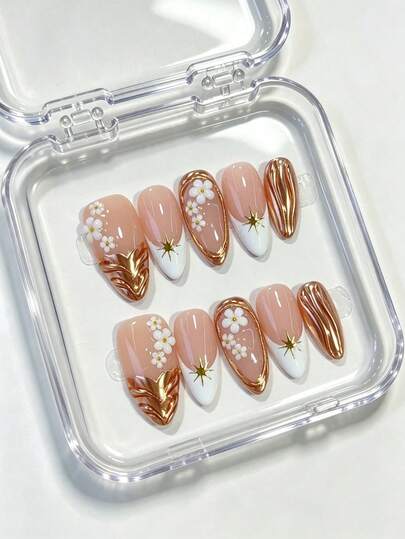 10pcs Kuku Tempel Bentuk Almond, Kuku Palsu Mewah Bergaya Vintage Musim Gugur, Bunga Putih 3D Tekstur Emas Metalik Desain Bintang Prancis Putih, Kit Kuku Palsu Mengkilap yang Dapat Digunakan Kembali, Untuk Wanita Pemakaian Sehari-hari Pesta Thanksgiving
