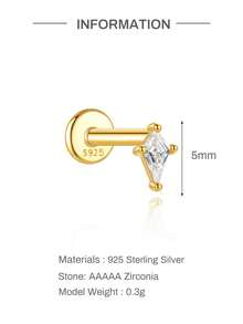 EleRunis 1PC 925 Sterling Silver Asymmetrical Flat Back Tragus Conch Lip Cartilage Helix Threaded Piercing Fine Jewelry For Daily Wear Party Birthday - Gold - View 6