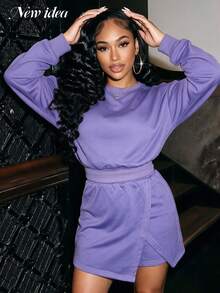 NEW IDEA Women Purple Fall Winter Long Sleeve Crew Neck Sweatshirt & Wrap Skirt 2 Pieces Set For Casual Wear - Purple - View 6