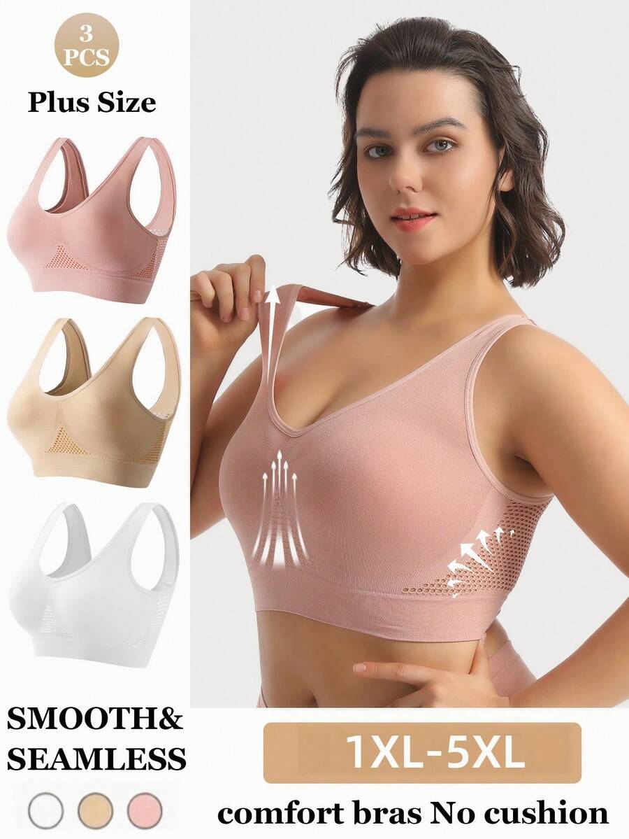 3pcs Women Plus Size Seamless Bras, Wireless & Unpadded, Breathable & Comfortable Sleeping Bras Set [Please Order One Size Up] - Multicolor - View 1
