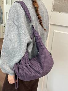 日系清新格紋女款單肩包 時尚抽褶蝴蝶結拉鍊開合斜跨包 學生風中學高中大學生上課包 輕便可折疊布包 適合購物日常通勤 半月包 可愛休閒布包 - 彩色 - 查看 7