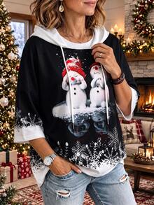 Women's Plus Size Christmas Snowman Print Sweatshirt, Casual 3/4 Sleeve Drawstring Pullover - Black and White - View 4