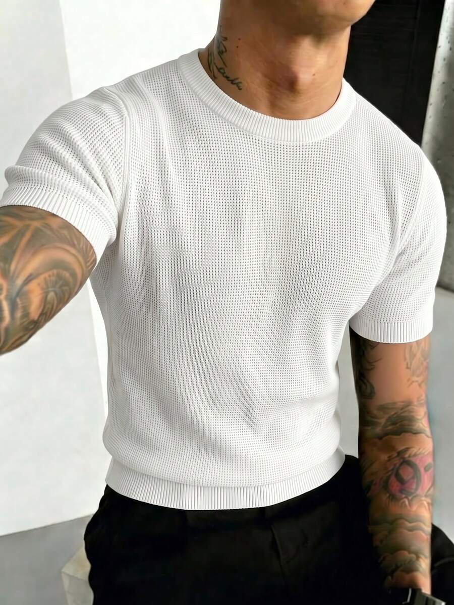 Men's Summer Casual Classic Small Pineapple Pattern Short Sleeve Knit Sweater, Essential Summer Wardrobe Outfit Piece Knit Top